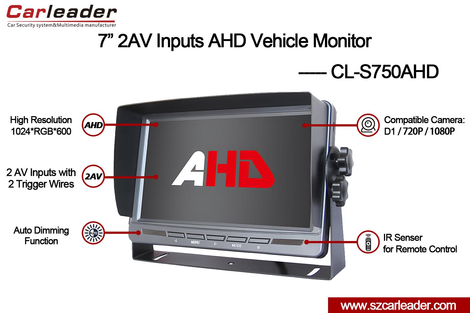 7인치 TFT LCD 자동차 후면 보기 AHD 모니터
