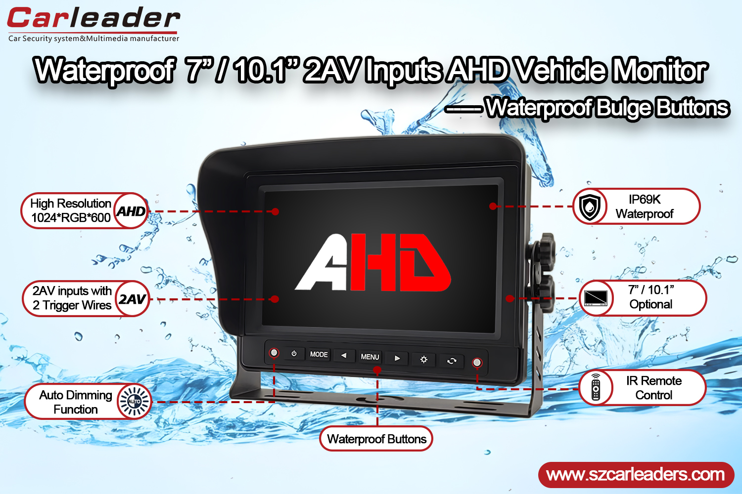 7 인치 AHD IP69K 자동차 후면보기 방수 모니터