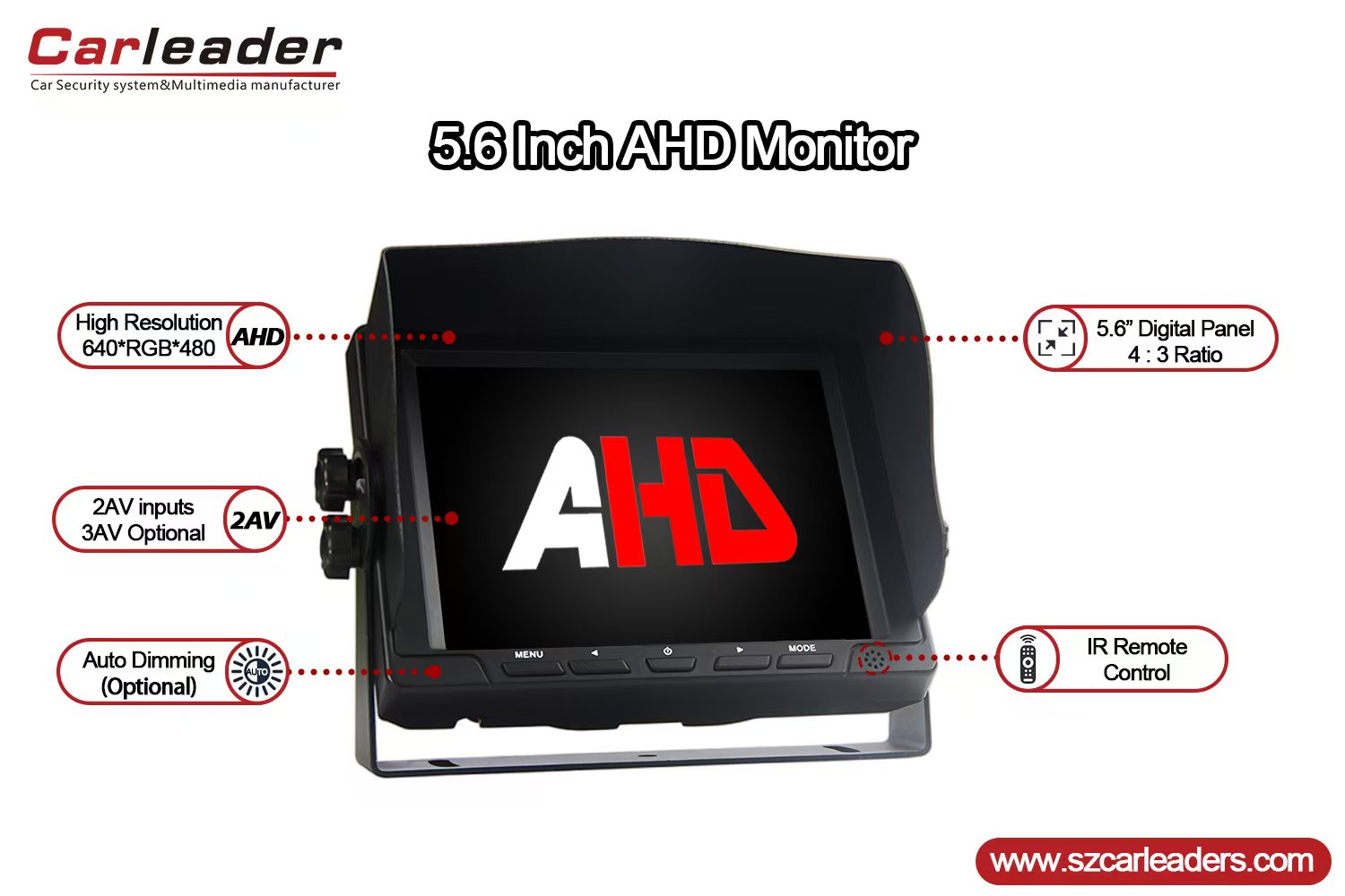 새로운 5.6 인치 AHD 대시 마운트 리어 뷰 모니터